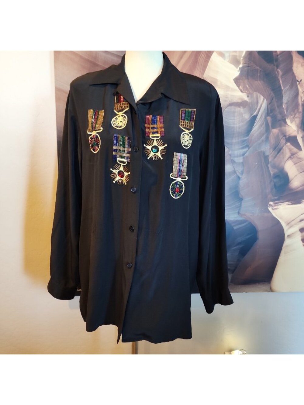 Bob Mackie Wearable Art Silk Blouse Shirt Small Black Long Sleeve  Beaded Metals